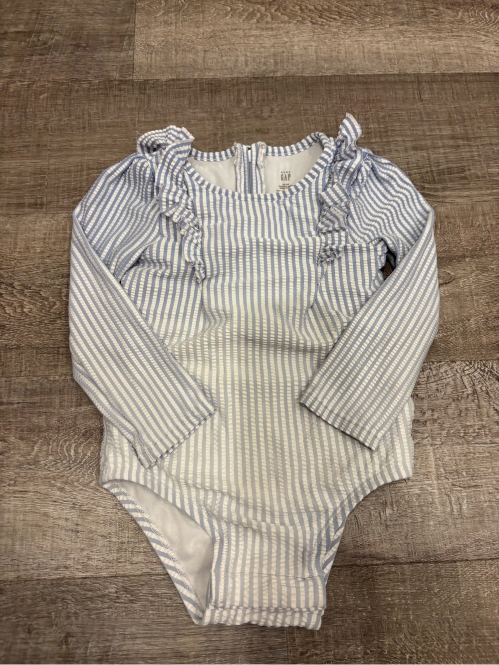 GAP Blue and White Striped Long-Sleeve Ruffle One-Piece Swimsuit